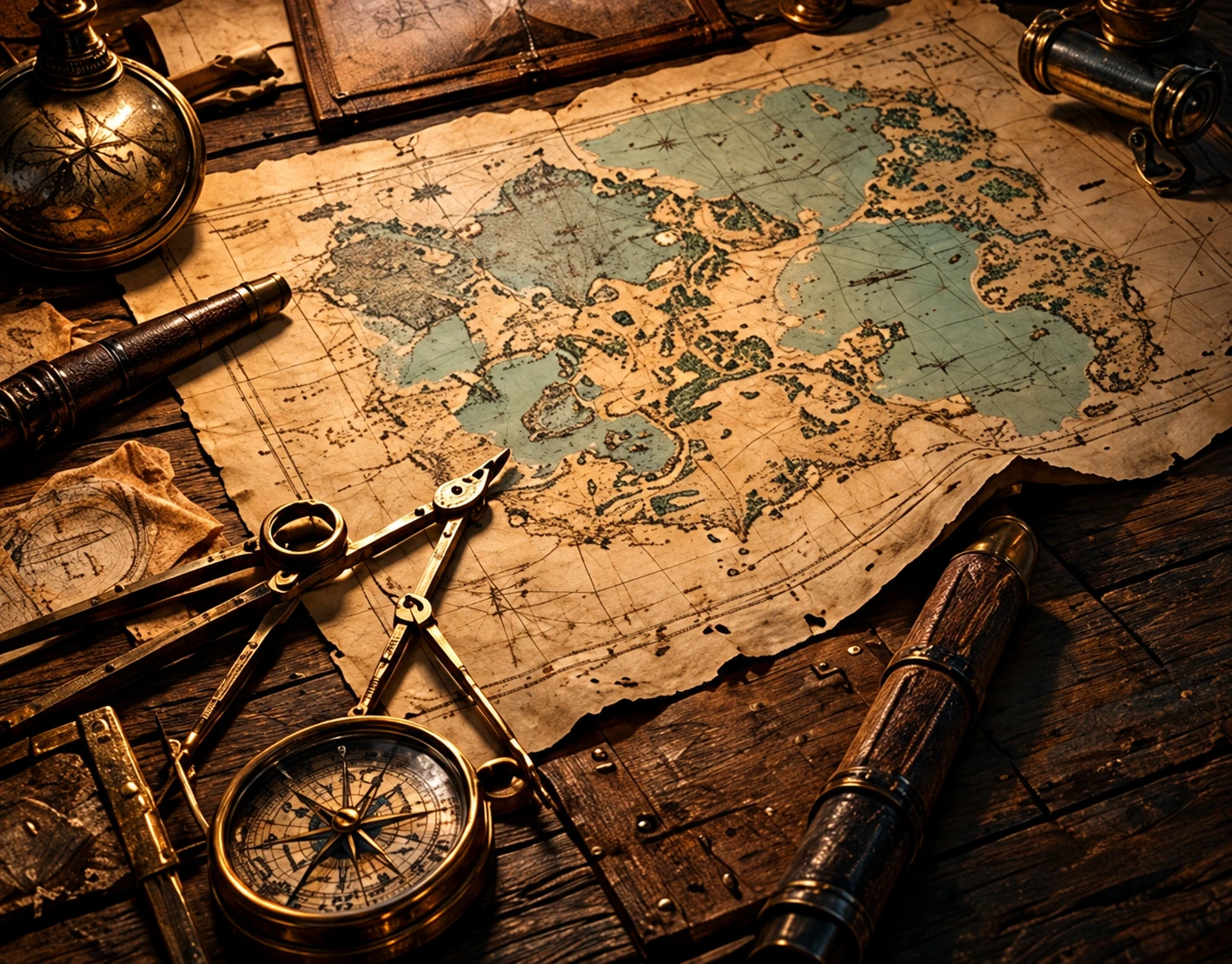 An illustrated map, compass and shipwright tools on a timber desk.