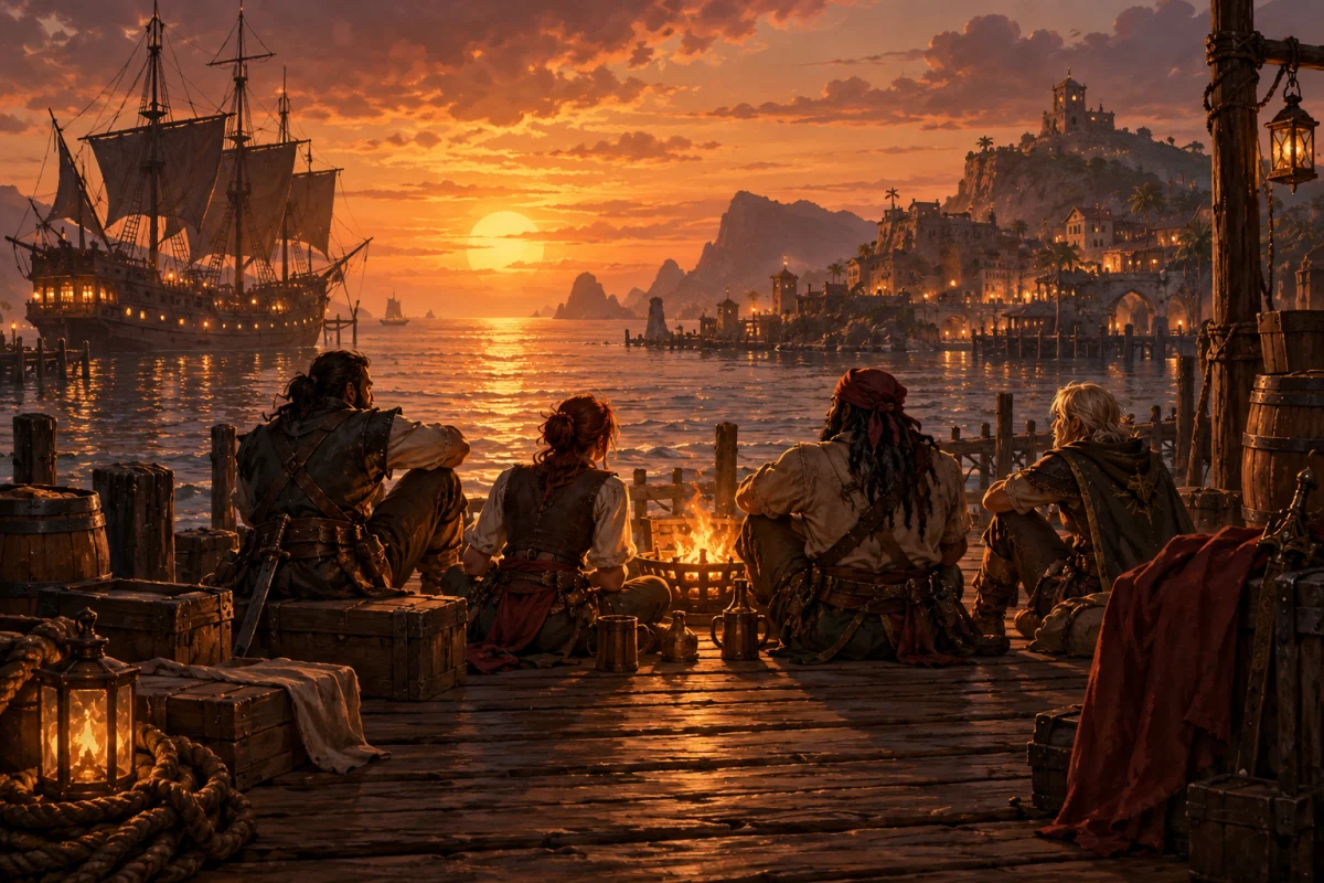 Friends gathered beside a harbor fire at sunset.